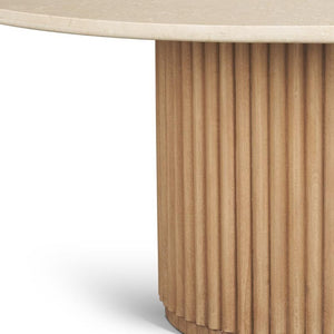 60 Inch Marble Top Round Dining Table with Solid Wood Pedestal Base Cream Tone
