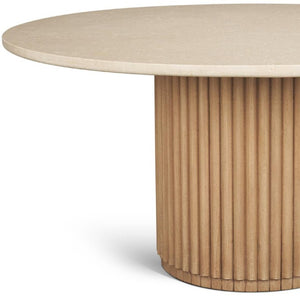 60 Inch Marble Top Round Dining Table with Solid Wood Pedestal Base Cream Tone