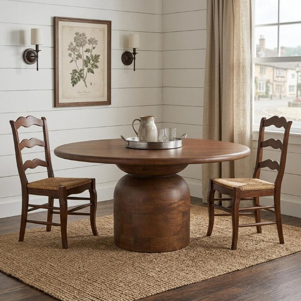 60 Inch Solid Wood Round Dining Table with Pedestal Base for Family Gatherings