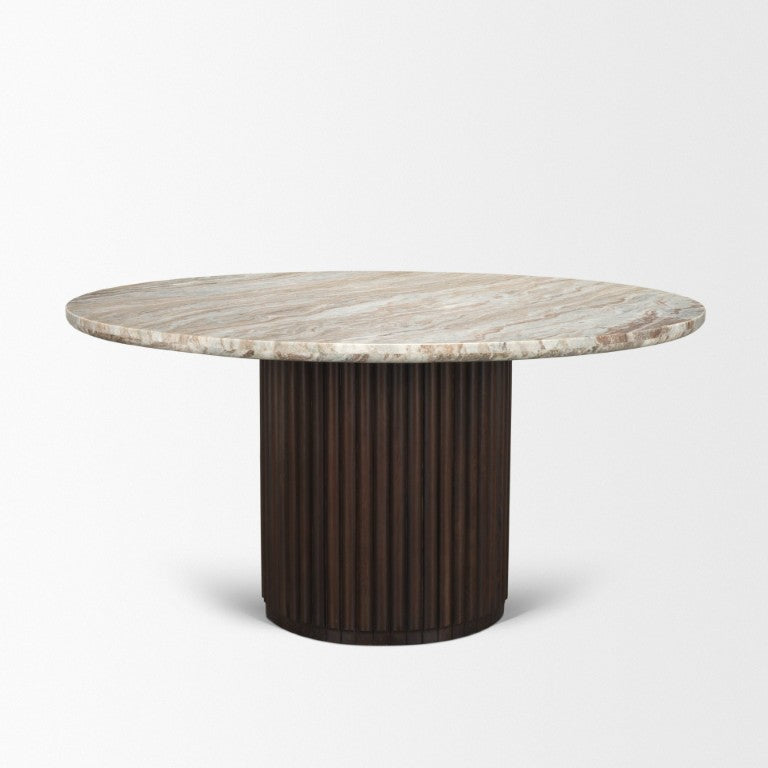 HomeRoots 60 Inch Round Marble Top Dining Table with Solid Wood Pedestal Base Seats Six 727906