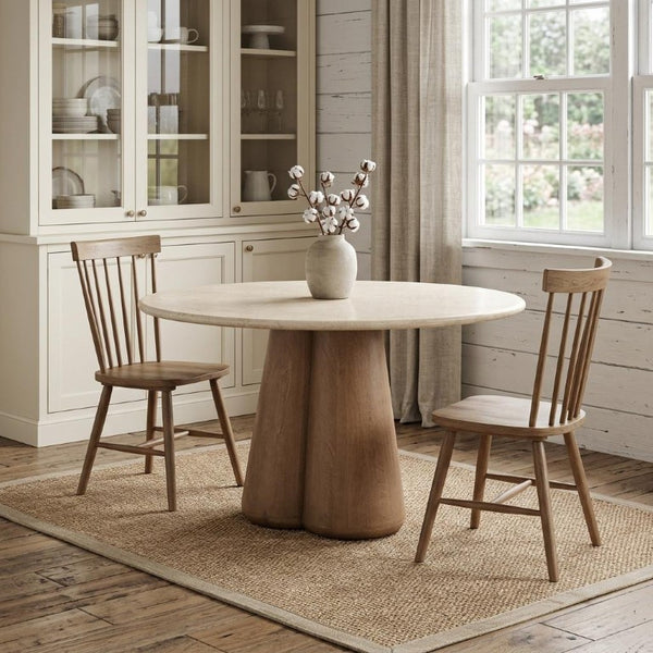 48 Inch Marble Top Round Dining Table with Solid Wood Pedestal Base for Elegant Interiors
