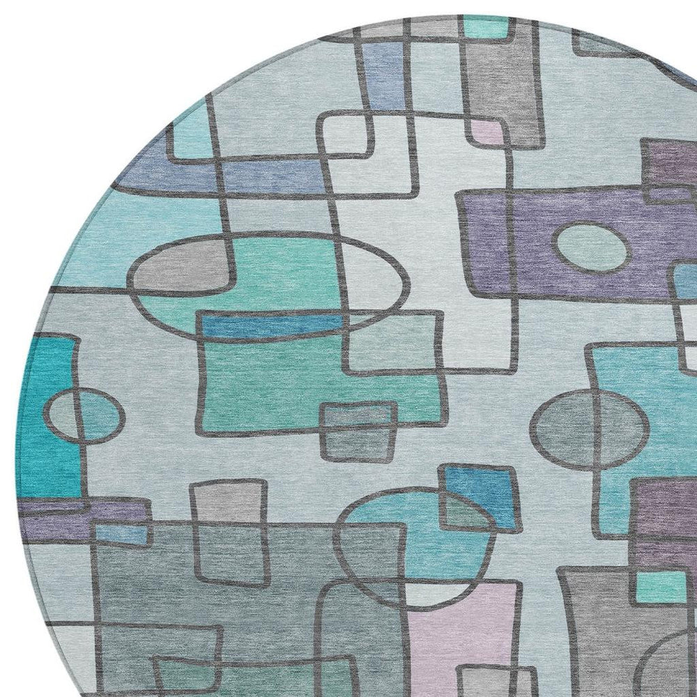 HomeRoots 8' Round Geometric Polyester Area Rug Washable Indoor Outdoor Patio Entryway 727990