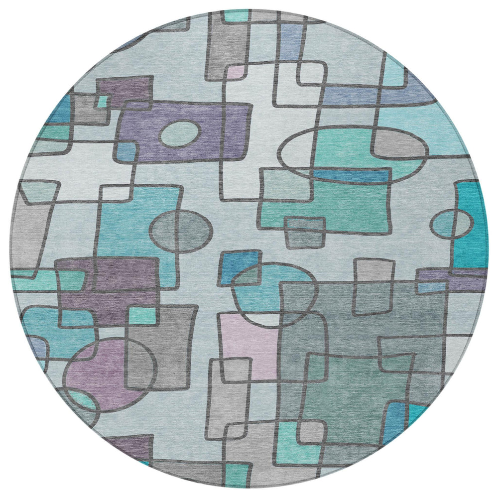 HomeRoots 8' Round Geometric Polyester Area Rug Washable Indoor Outdoor Patio Entryway 727990