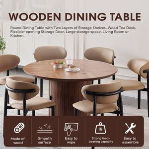 English Elm Round Wood Dining Table with Dual Storage Compartments for Kitchen or Small Spaces W3590P355174