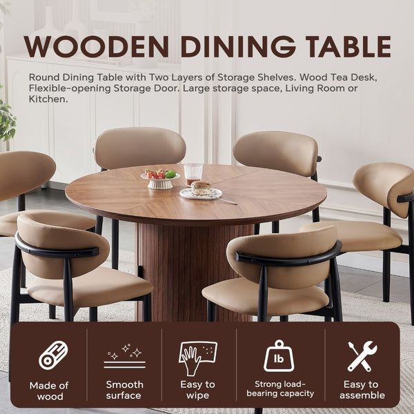 English Elm Round Wood Dining Table with Dual Storage Compartments for Kitchen or Small Spaces W3590P355174