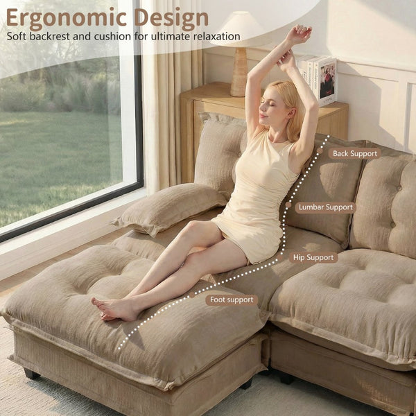 English Elm 107" U Shaped Chenille Sectional Cloud Sofa with Ottomans Deep Seat Modular Living Room Light Coffee W714S01709