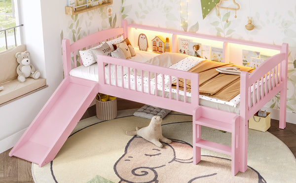 English Elm Twin Xl Solid Pine Loft Bed with Built-in Led Lighting and Storage Shelves Pink W1580S00365
