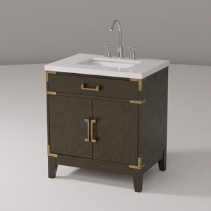 English Elm Brown Oak Single Bath Vanity With White Quartz Top, Chrome Faucet & Smart Storage Solution B2731P259760