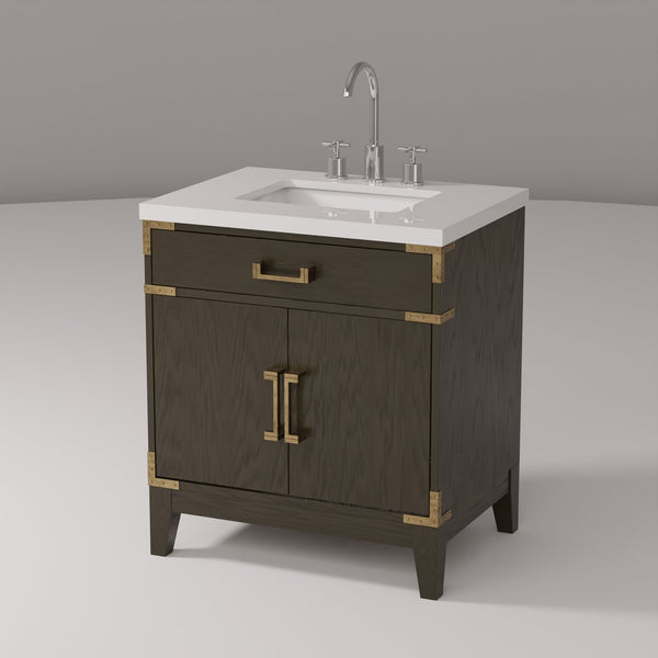 English Elm Brown Oak Single Bath Vanity With White Quartz Top, Chrome Faucet & Smart Storage Solution B2731P259760