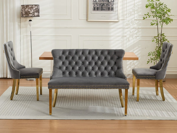 English Elm Velvet Wingback Dining Bench Tufted Two Seat Mid Century Modern Brushed Steel Base Gray W1143P406978