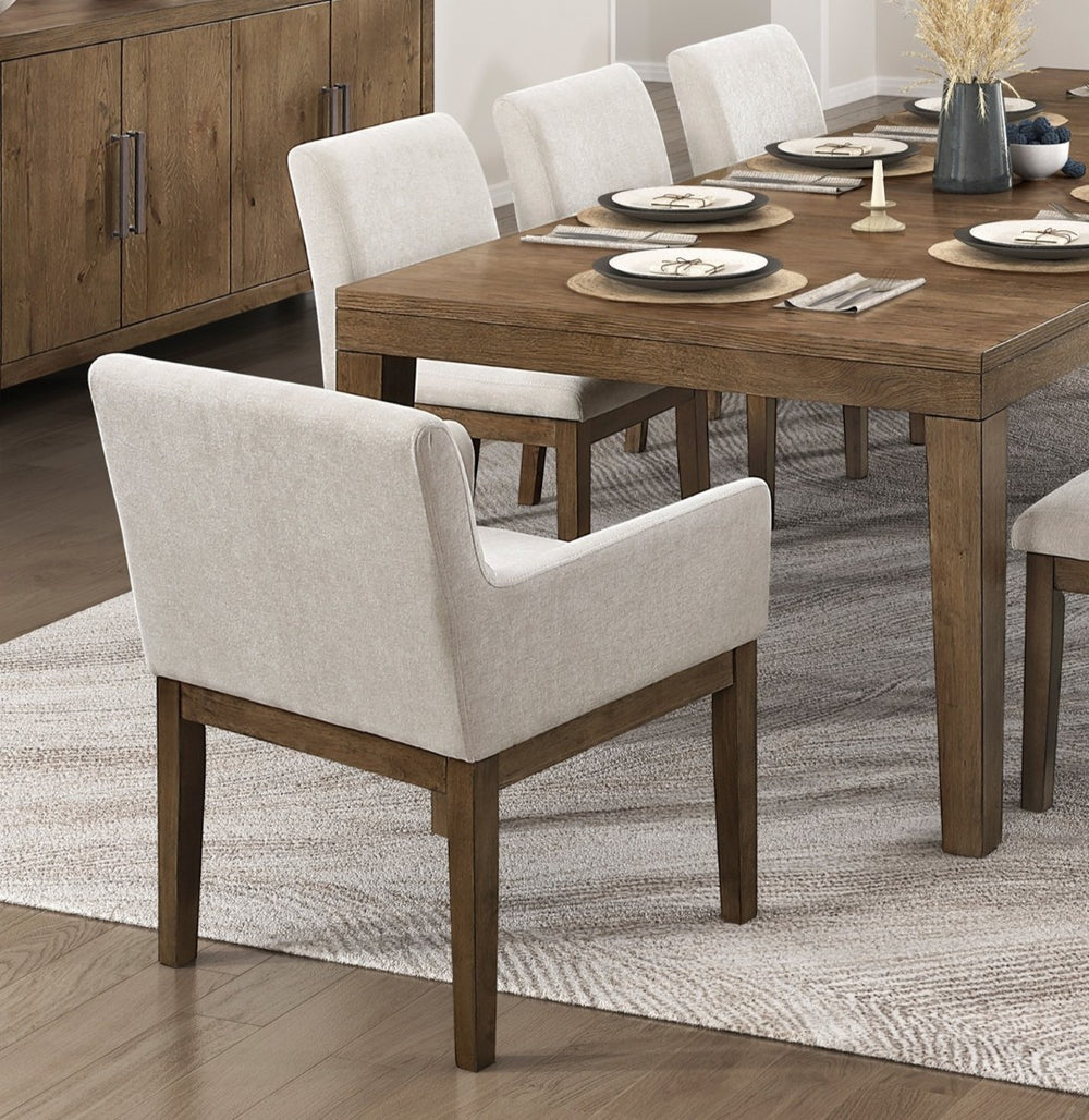 English Elm Brown French Oak Veneer 9 Piece Dining Set Extendable Table with Upholstered Seating B011S02335