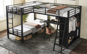 English Elm L-shaped Triple Bunk Bed with Desk Wardrobe Metal Frame for Teen Shared Rooms W5305S00003