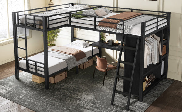 English Elm L-shaped Triple Bunk Bed with Desk Wardrobe Metal Frame for Teen Shared Rooms W5305S00003
