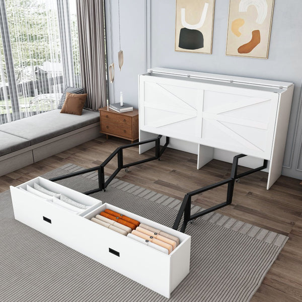 English Elm 57 Inch Murphy Bed Cabinet with Storage Drawers Charging Station and Rolling Casters White W509S00155