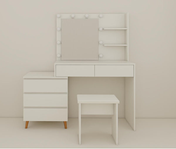 English Elm LED Lighted Makeup Vanity Table with Mirror, Ancient White Melamine, Stool, Drawers & Organizer Elegance W2139P306365