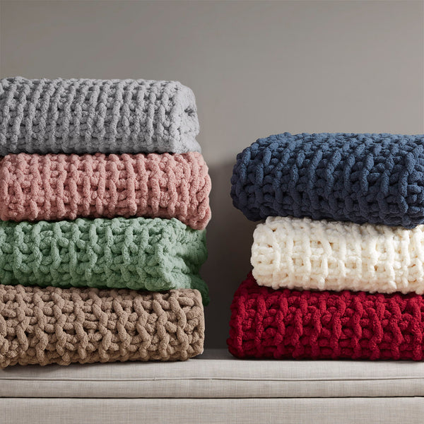 JLA Home Madison Park - Throw Handcrafted Chenille Chunky Knit Blanket, OEKO-TEX Certified Cozy Accent for Sofa or Bed Grey MP50-7674