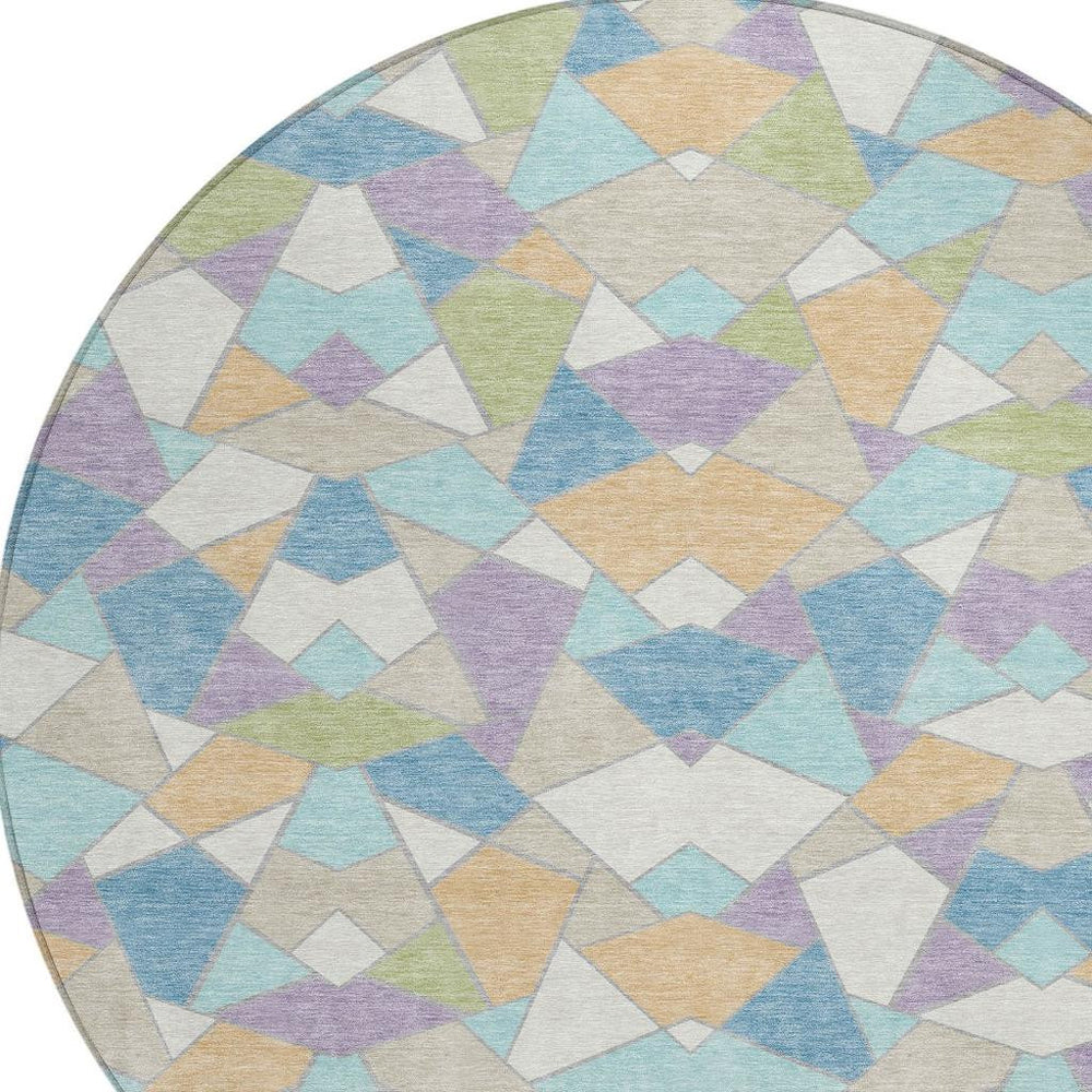 HomeRoots 8' Round Geometric Polyester Rug Washable Teal Cream Pattern for Patio or Living Room 728008