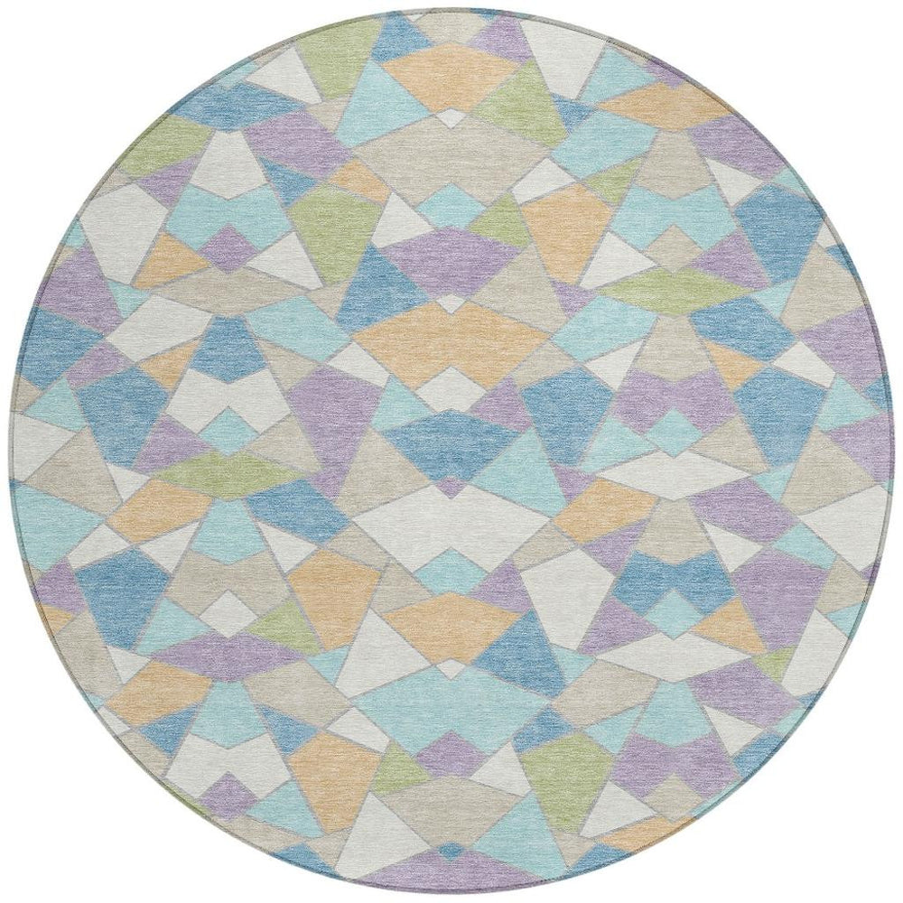 HomeRoots 8' Round Geometric Polyester Rug Washable Teal Cream Pattern for Patio or Living Room 728008