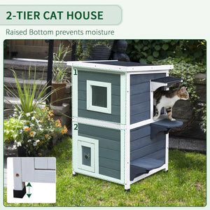 English Elm PawHut Weatherproof Outdoor Cat House with Raised Floor, Garden Planter & Multiple Entrances for Comfort and Play Grey+White W2225P217565