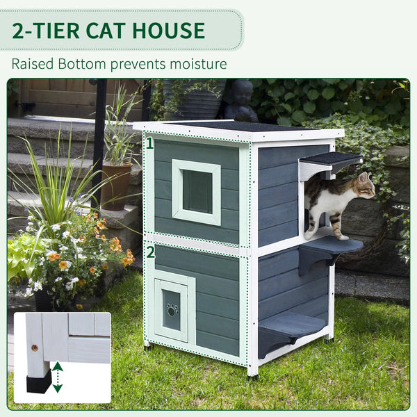 English Elm PawHut Weatherproof Outdoor Cat House with Raised Floor, Garden Planter & Multiple Entrances for Comfort and Play Grey+White W2225P217565