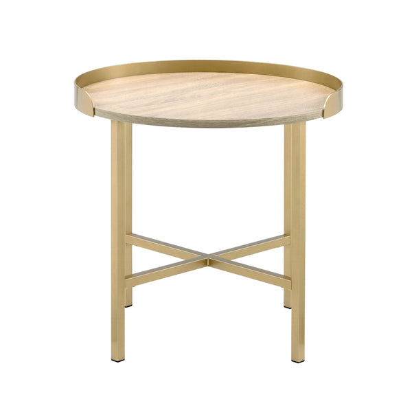 English Elm Round Round End Table with Tray-Style Oak Top and Gold Crossbar Base — Modern, Durable Accent Piece B016P325894