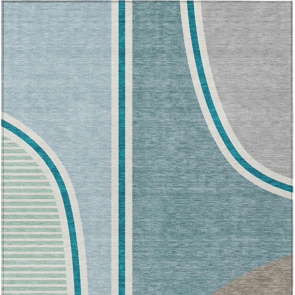 HomeRoots 5x8 Geometric Polyester Area Rug Washable Teal Aqua Tones for Patio or Living Room 728079