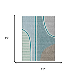 5x8 Geometric Polyester Area Rug Washable Teal Aqua Tones for Patio or Living Room