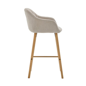 English Elm Modern Linen Upholstered Barstools with Oak Legs Armrests and Footrest for Kitchen Islands Beige W395P396313
