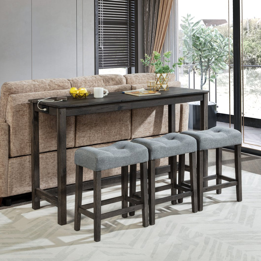 English Elm 4 Piece Bar Table Set with Power USB Type-C Outlet, Dark Gray Rustic Wood Grain Top, 3 Padded Stools for Living Room Dining Comfortable Seating and Durable Rubberwood Legs W1998P193827