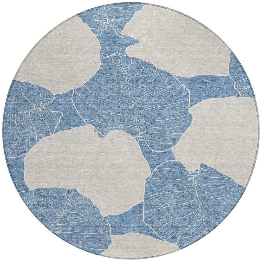 HomeRoots 8 Ft Round Floral Polyester Rug Washable Indoor Outdoor Patio Coastal Decor 728110