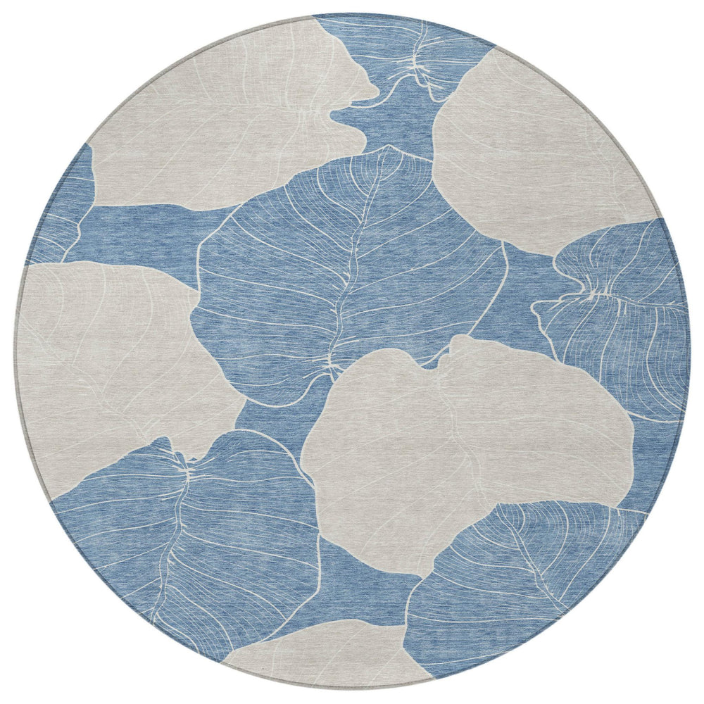 HomeRoots 8 Ft Round Floral Polyester Rug Washable Indoor Outdoor Patio Coastal Decor 728110