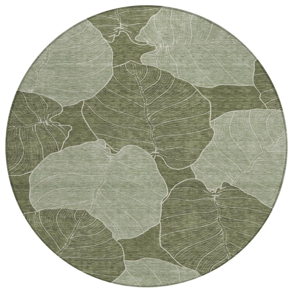 8 Ft Round Floral Polyester Area Rug Washable Indoor Outdoor Patio Olive Ivory