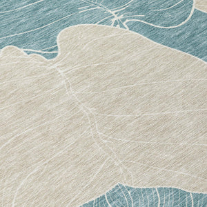 5 X 8 Floral Polyester Area Rug Washable Teal Ivory Indoor Outdoor Patio Use