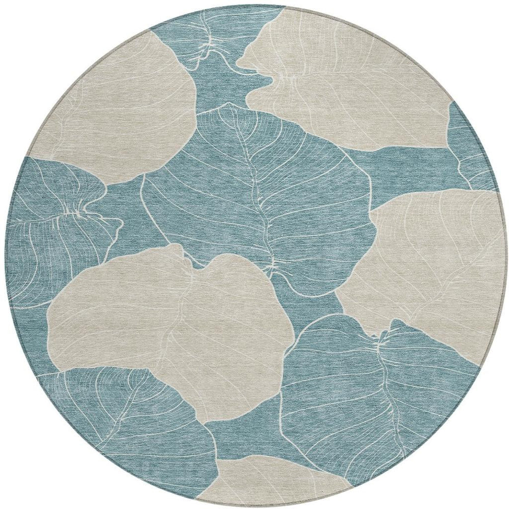 8 Ft Round Floral Polyester Area Rug Washable Indoor Outdoor Teal Ivory Patio