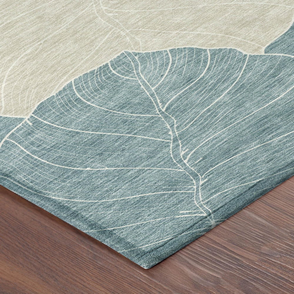 9x12 Floral Polyester Area Rug Washable Teal Ivory for Patio or Living Room