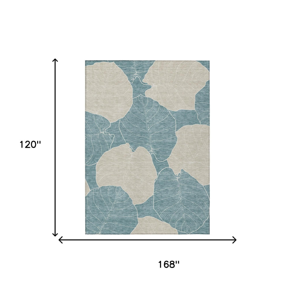 10 X 14 Floral Polyester Area Rug Washable Teal Ivory Patio Indoor Living Room
