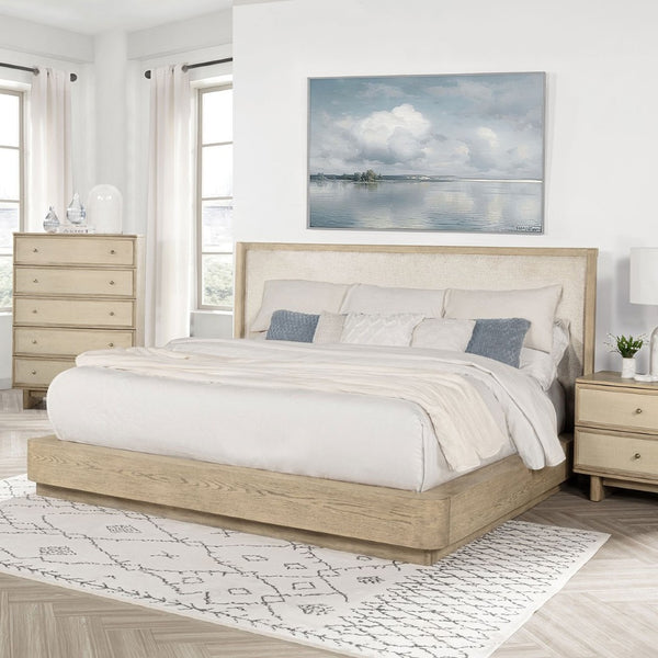 English Elm Funston Queen Bed with Tan Upholstered Headboard and Warm Oak Grain Wood Frame B062S01738