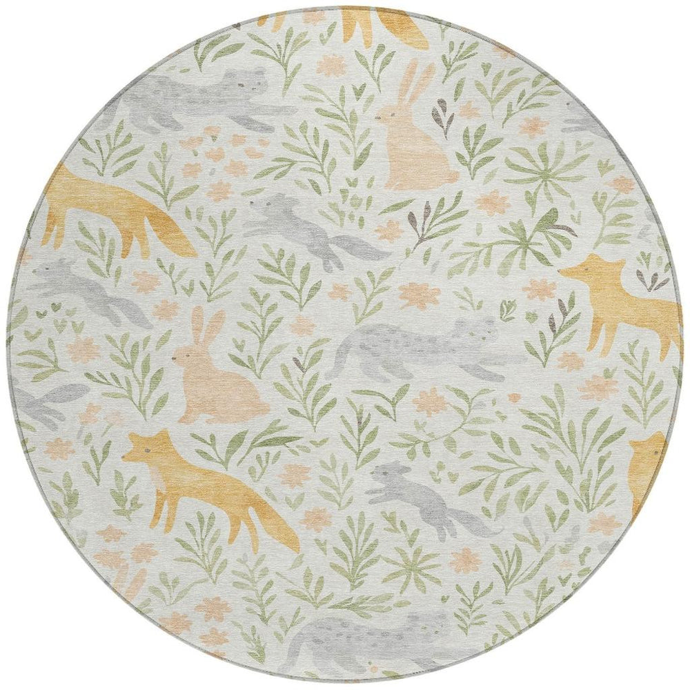 8 Ft Round Washable Botanical Rug Ivory Pink Polyester Stain Resistant Indoor Outdoor