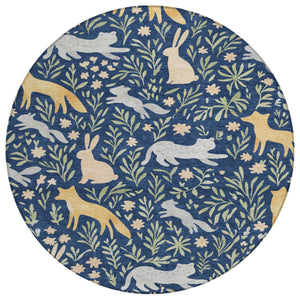 8 Ft Round Botanical Polyester Area Rug Navy Gold Washable Indoor Outdoor Patio