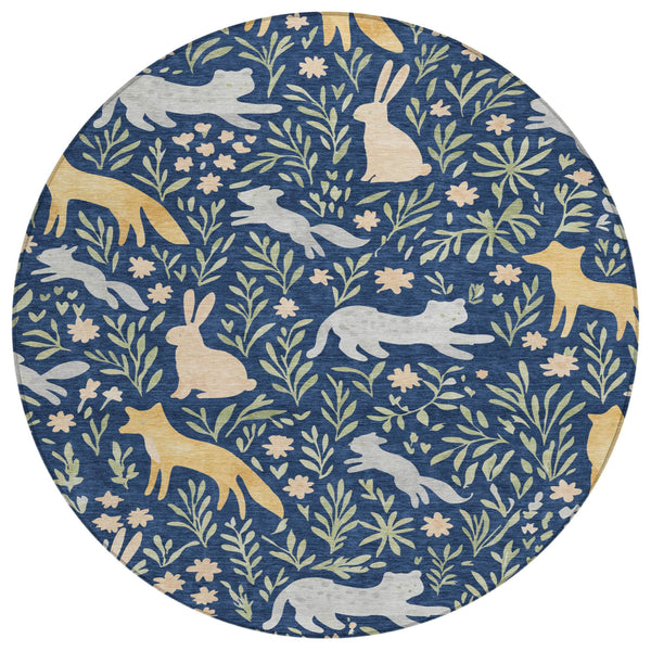 8 Ft Round Botanical Polyester Area Rug Navy Gold Washable Indoor Outdoor Patio