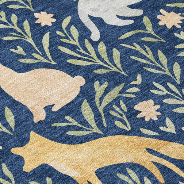 8 Ft Round Botanical Polyester Area Rug Navy Gold Washable Indoor Outdoor Patio