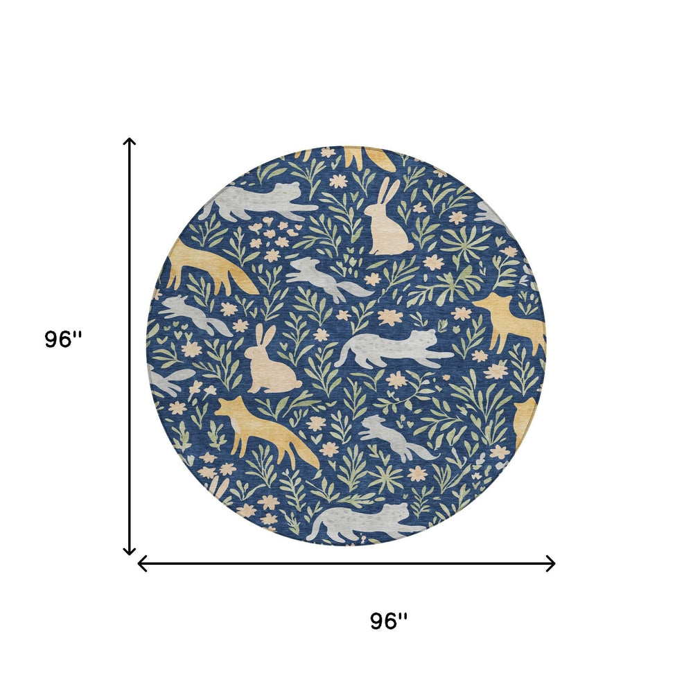 8 Ft Round Botanical Polyester Area Rug Navy Gold Washable Indoor Outdoor Patio