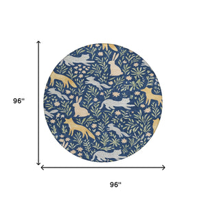 8 Ft Round Botanical Polyester Area Rug Navy Gold Washable Indoor Outdoor Patio