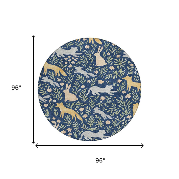 8 Ft Round Botanical Polyester Area Rug Navy Gold Washable Indoor Outdoor Patio
