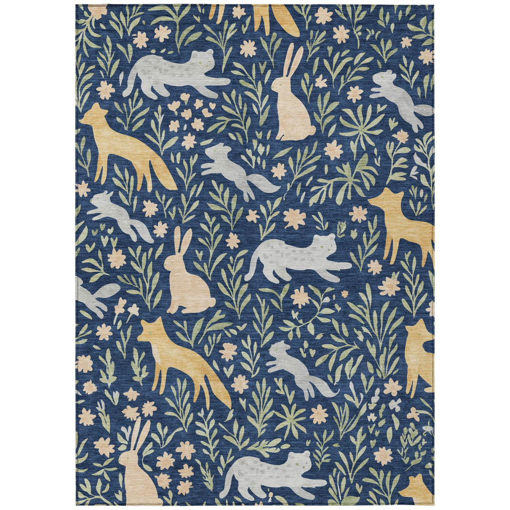 Navy Gold Botanical Leaf Polyester Indoor Outdoor Washable Area Rug for Patio and Home