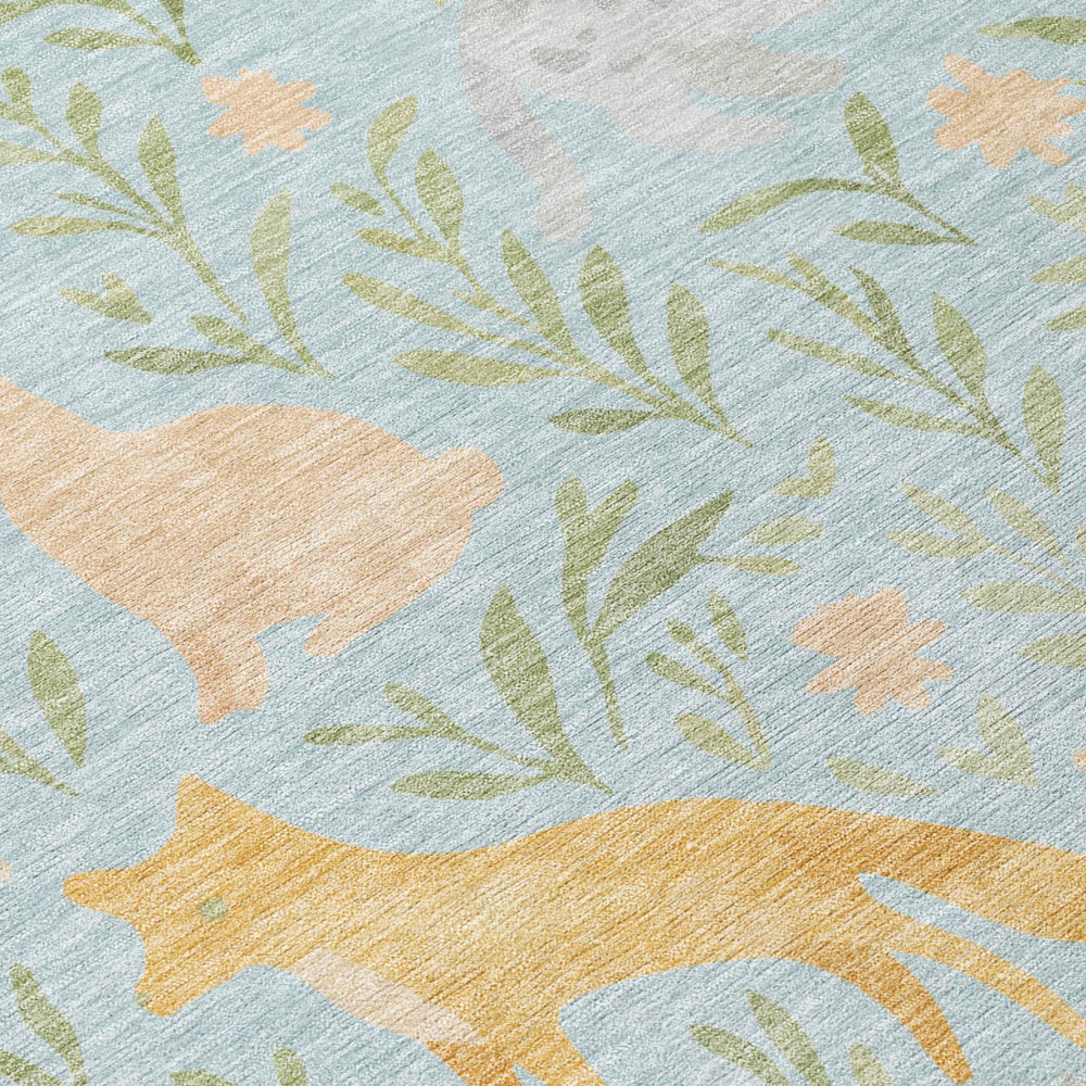 8 Ft Round Botanical Leaf Polyester Indoor Outdoor Washable Rug in Sky Blue Green