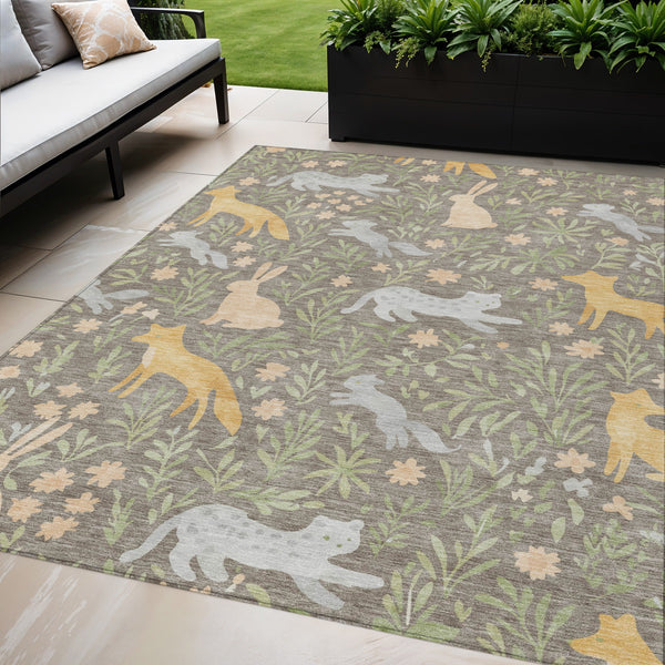 Washable Polyester Area Rug with Forest Animals and Botanical Leaves for Indoor Outdoor Use