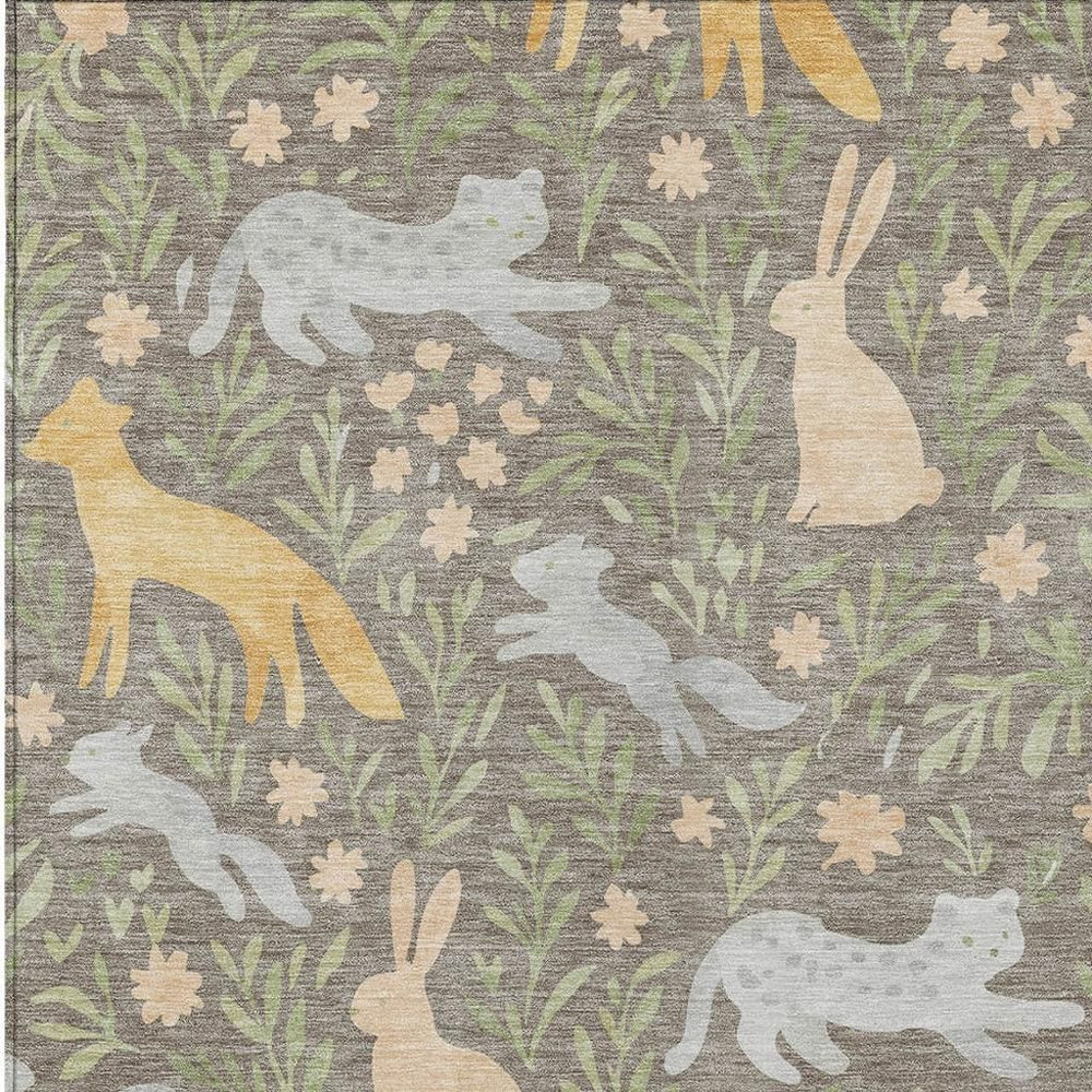 HomeRoots Washable Polyester Area Rug with Forest Animals and Botanical Leaves for Indoor Outdoor Use 5' x 8' 728253