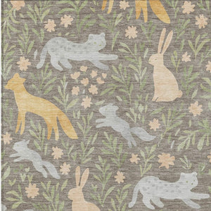 Washable Polyester Area Rug with Forest Animals and Botanical Leaves for Indoor Outdoor Use