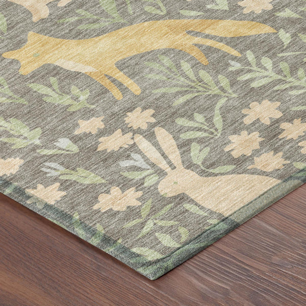 Washable Polyester Area Rug with Forest Animals and Botanical Leaves for Indoor Outdoor Use